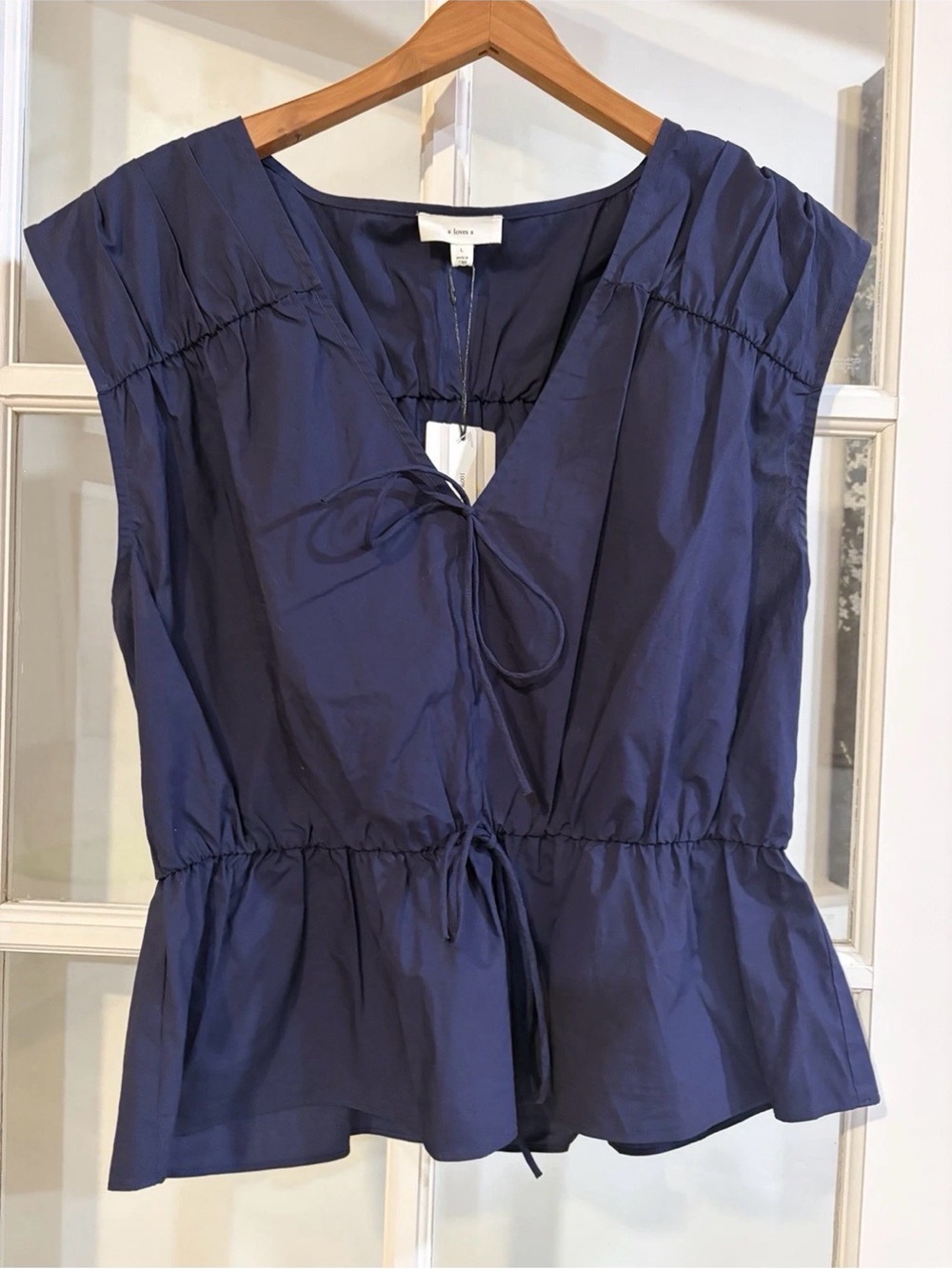 Navy Blue Sleeveless V Neck Peplum Top Tie Front Drawstring Waist Cottagecore